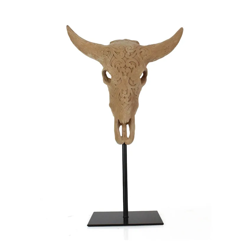 Resin crafts animal cow skull head statue on metal base ornaments desk decor supplier