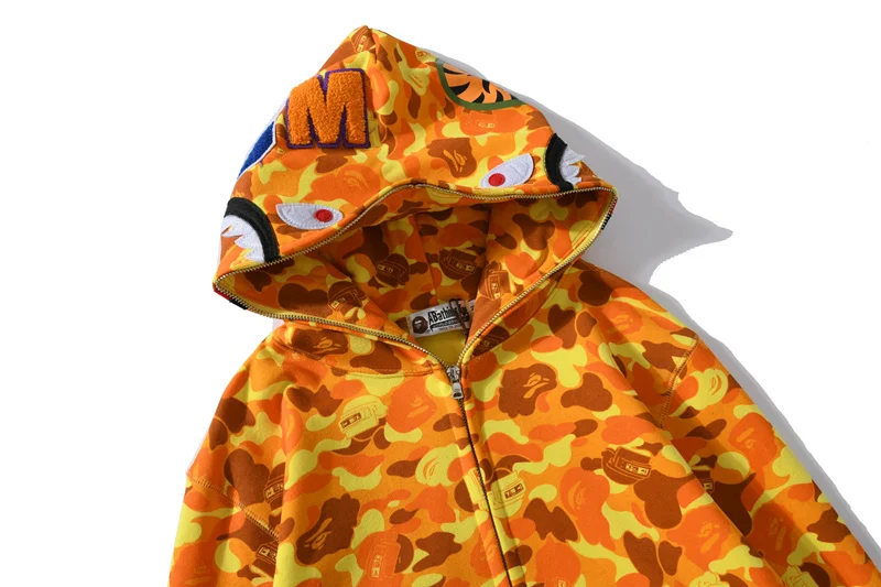 2019 New Arrival Shark Hood Orange Camouflage Bape Style Hoodie Fashion