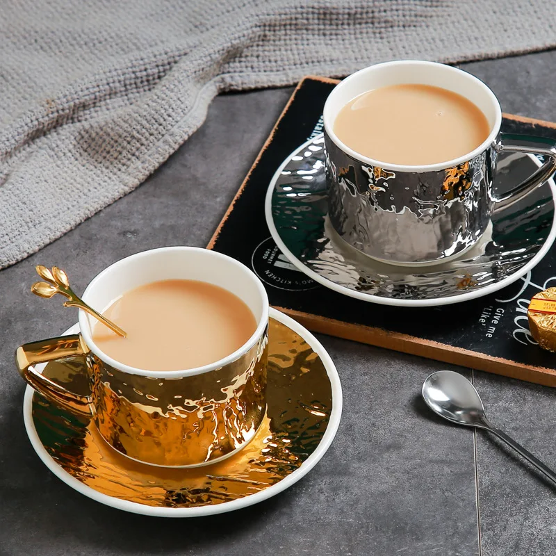 High Quality Luxury Gold and Silver Ceramic Coffee Cup and Saucer Set Porcelain Tea Cup for Restaurant supplier