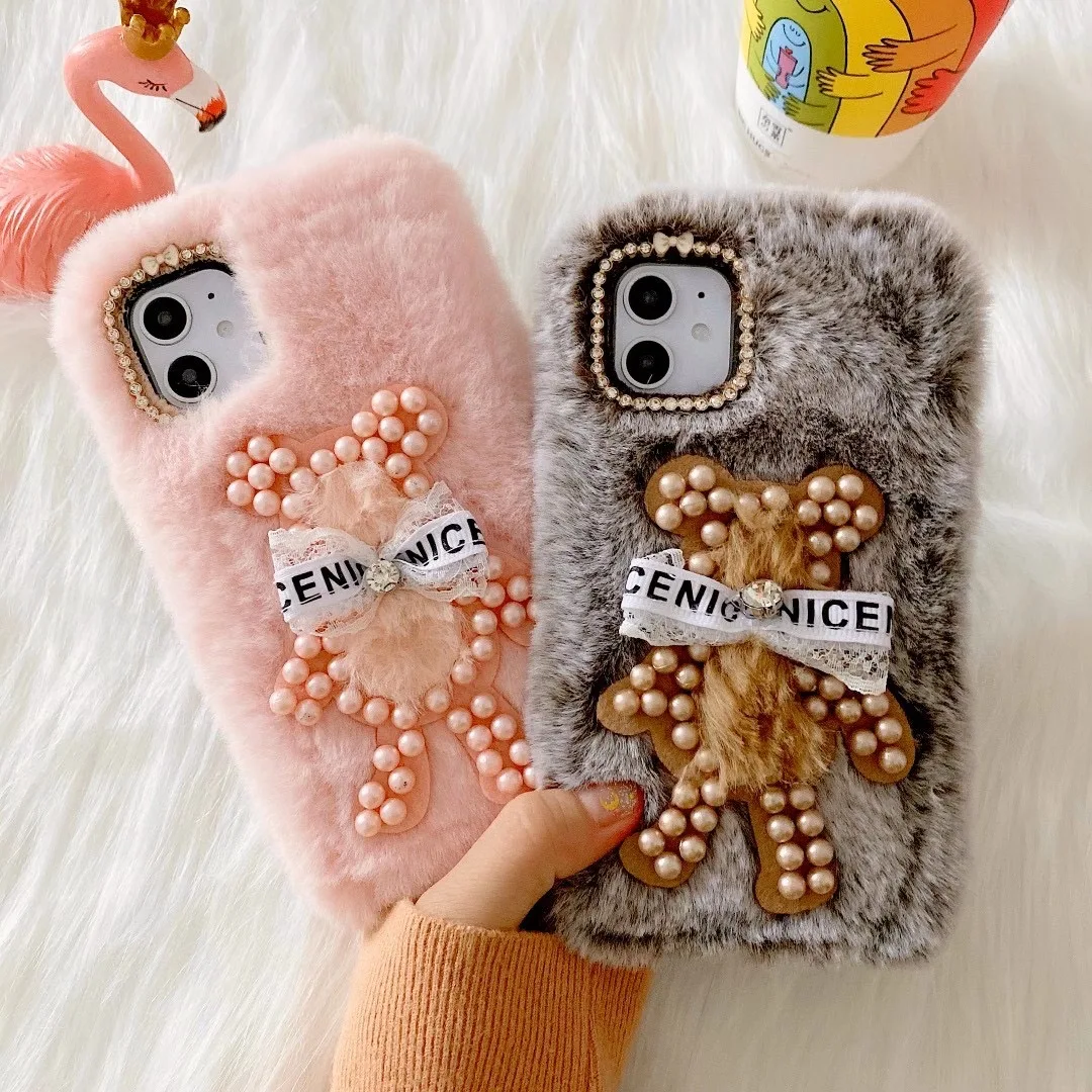 Luxury Warm Cute Cover Bling Crystal Rhinestone Winter Fuzzy Fluffy