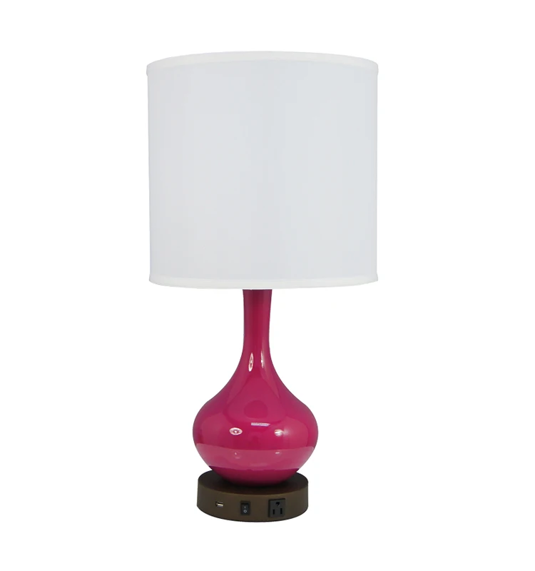 Decorative Purple Resin Table Lamp, Hotel Desk Lamps with USB Port & Outlet Dark Bronze Bedroom Reading Light with Fabric Shade
