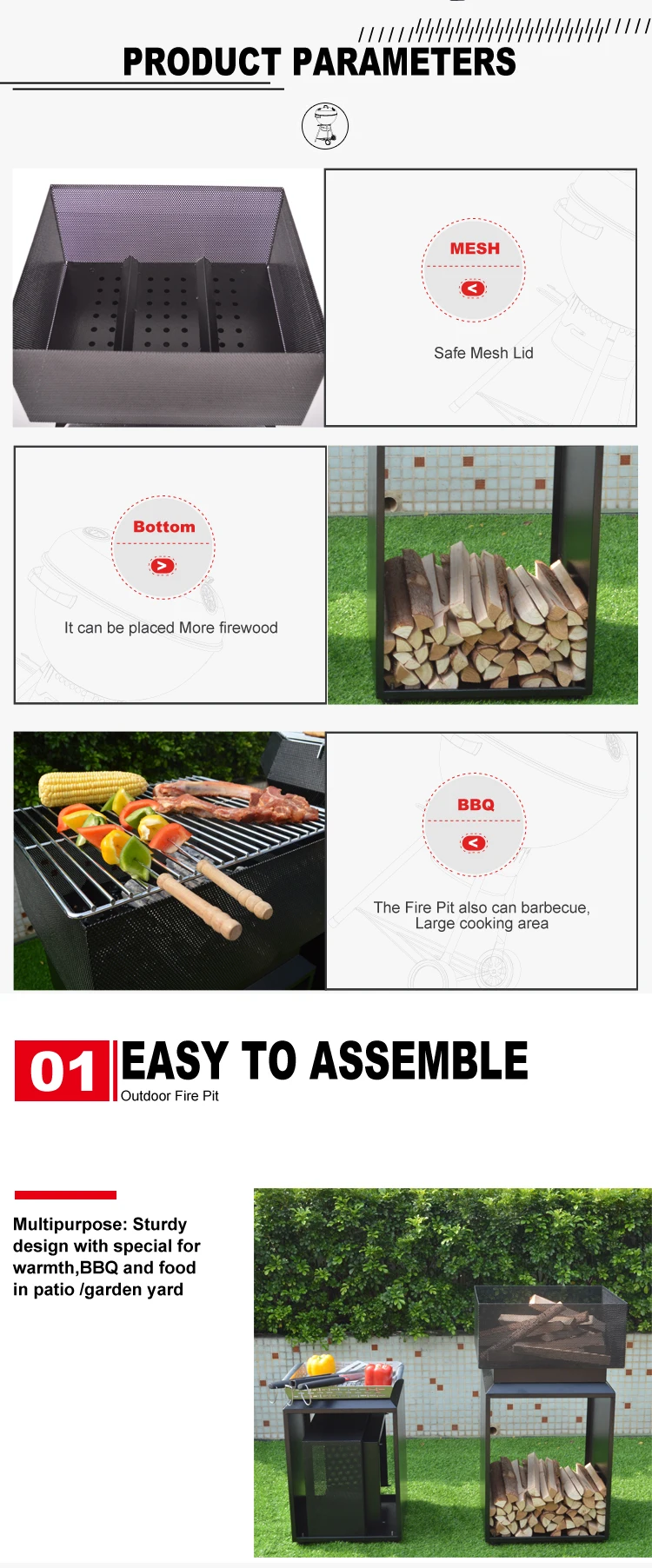 Outdoor Garden Portable Metal Firepit Barbecue Square  Charcoal Wood Burning Fire Pit