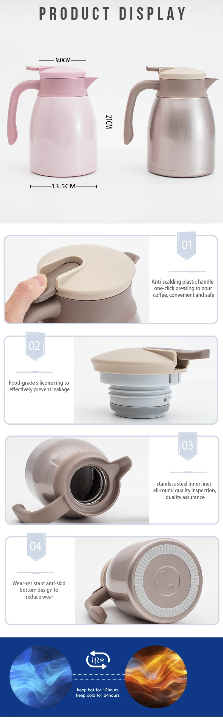 Double Wall Insulated Stainless Steel Thermos Tea Coffee Pot