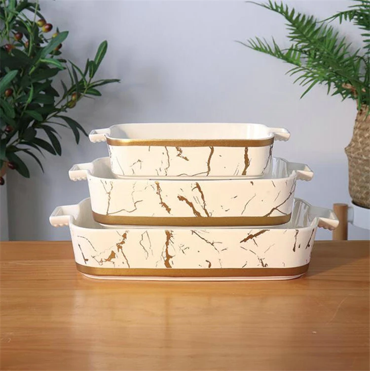 Luxury restaurant kitchen rectangle baking pans marble ceramic baking plate with golden edge.jpg