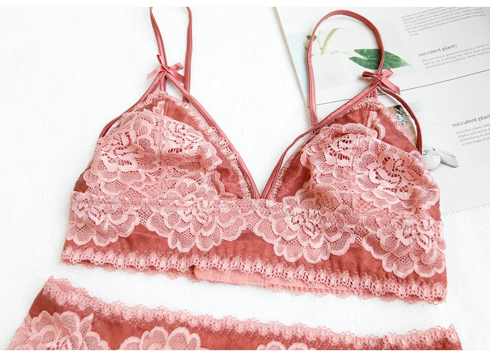 French Style Underwear Super Thin Sexy Triangle Cup Bra Embroidery Lace Wireless Bra Set Buy