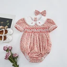 Toddler smocking clothes peter pan collar short sleeve embroidered floral baby girls smocked romper