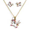 Children kids little Young girls jewelry set 18k gold plated stainless steel animal unicorn necklace set with earrings