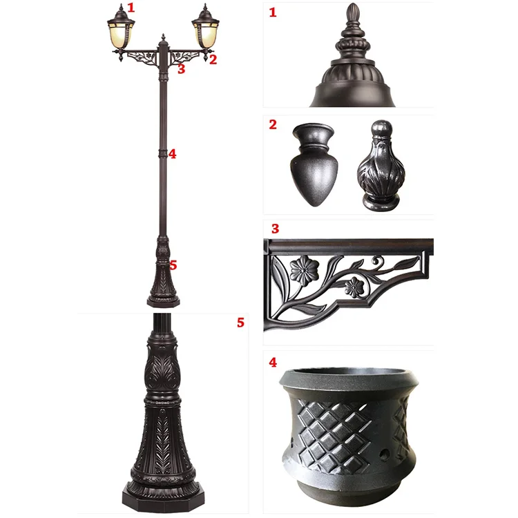 Hot selling outdoor vintage 2.5m-6m 2-5 heads aluminum yard lamp garden pole light for villa hotel street garden
