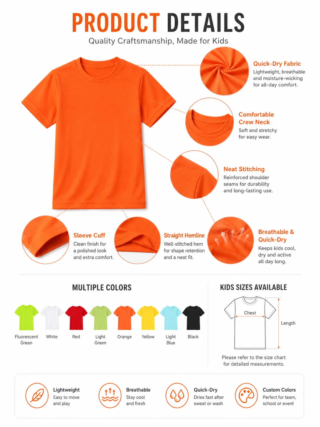 Kids Quick Dry T-Shirt Lightweight Breathable School Sports Outdoor Tee Custom Color OEM