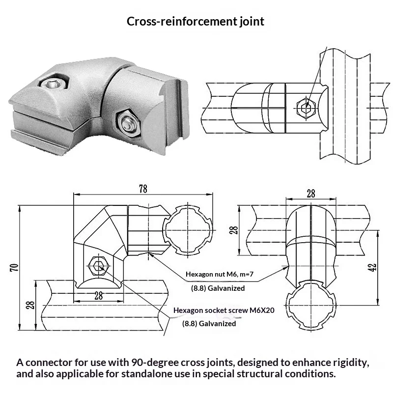 product cross reinforcement joint 28mm third generation wire rod grade 1000 series aluminum alloy angle 90 degree profile pipe connector-14