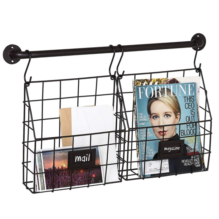 Set Of 2 Metal Wire Hanging Magazine & File Organizer Rack W/ Wall