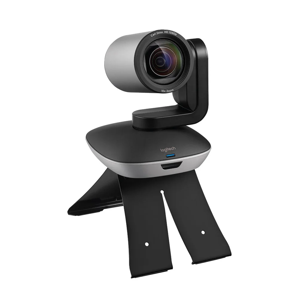 1080p computer camera mounted on monitor with clean desk setup and soft ambient lighting