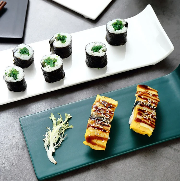 YUWANW creativo japonés platos de restaurante de sushi larga placa rectangular plato de cerámica gran conjunto de placa plana cubiertos modelos retro Perla Negro 