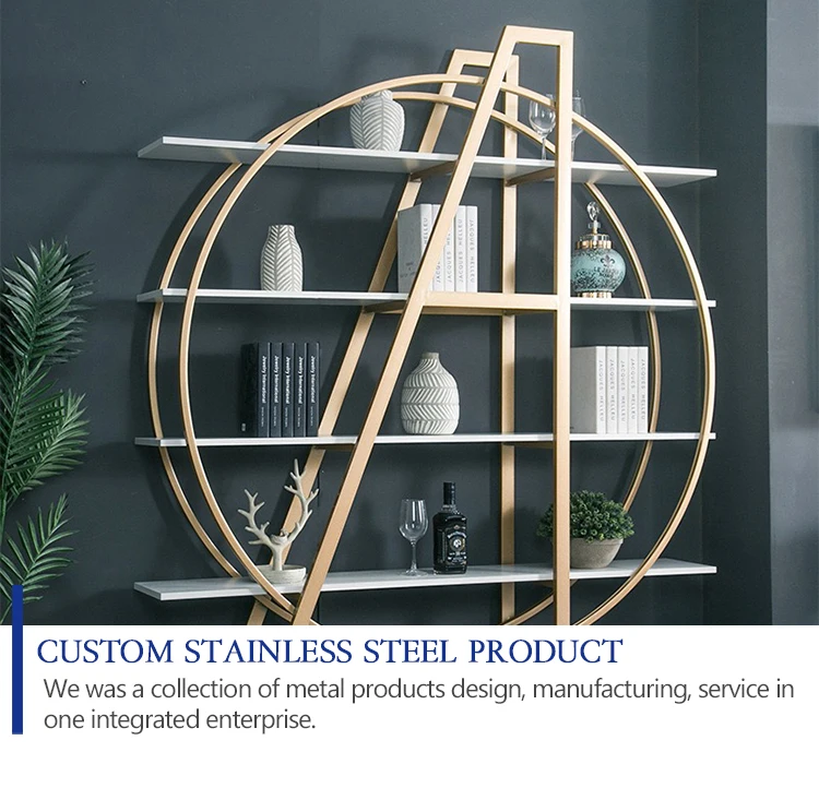 modern round gold stainless steel display rack home study room golden custom shape design metal display shelf