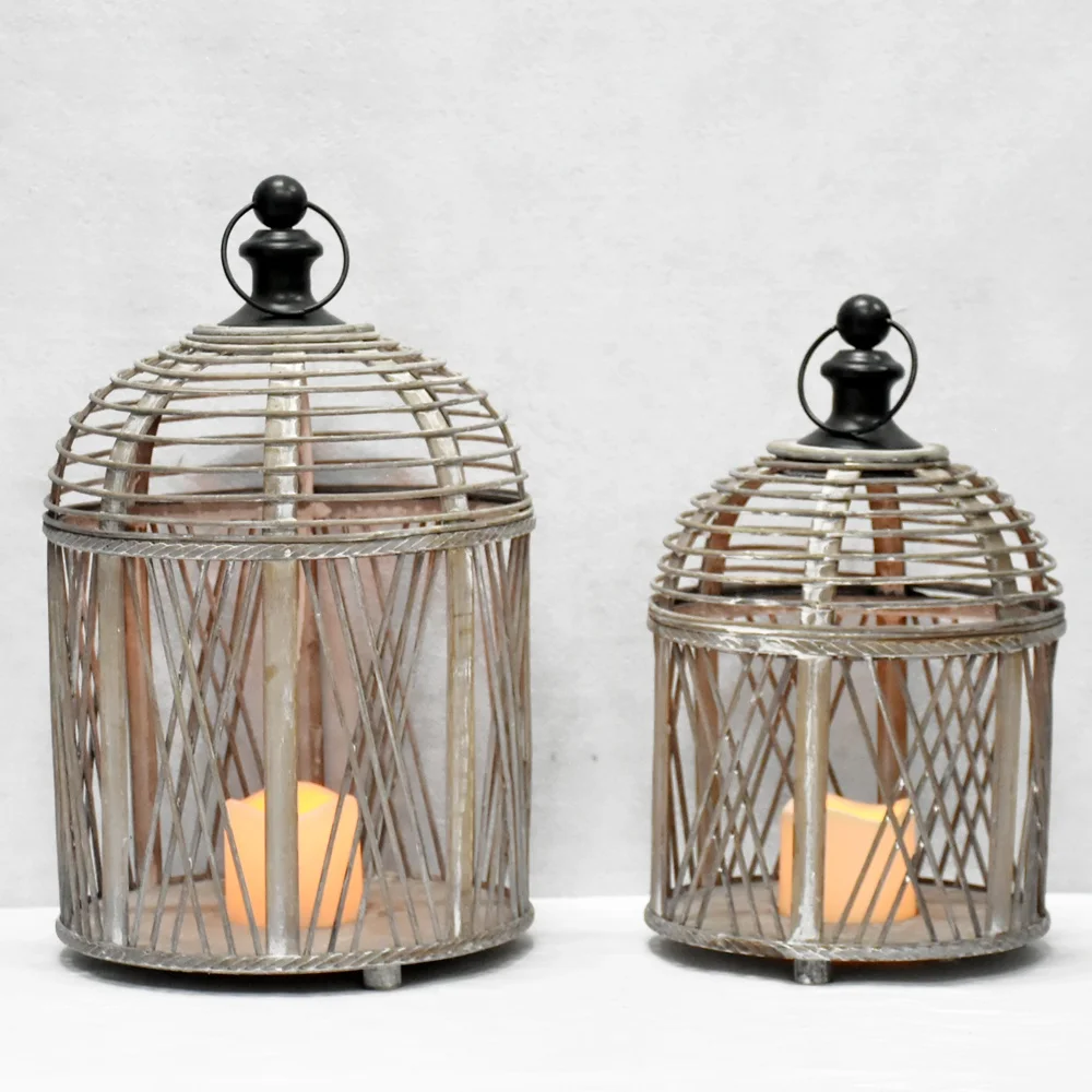 Luckywind Set of 2  Grey Bamboo Rattan Solar Powered Fully Weatherproof Outdoor LED Flameless Candle Lantern