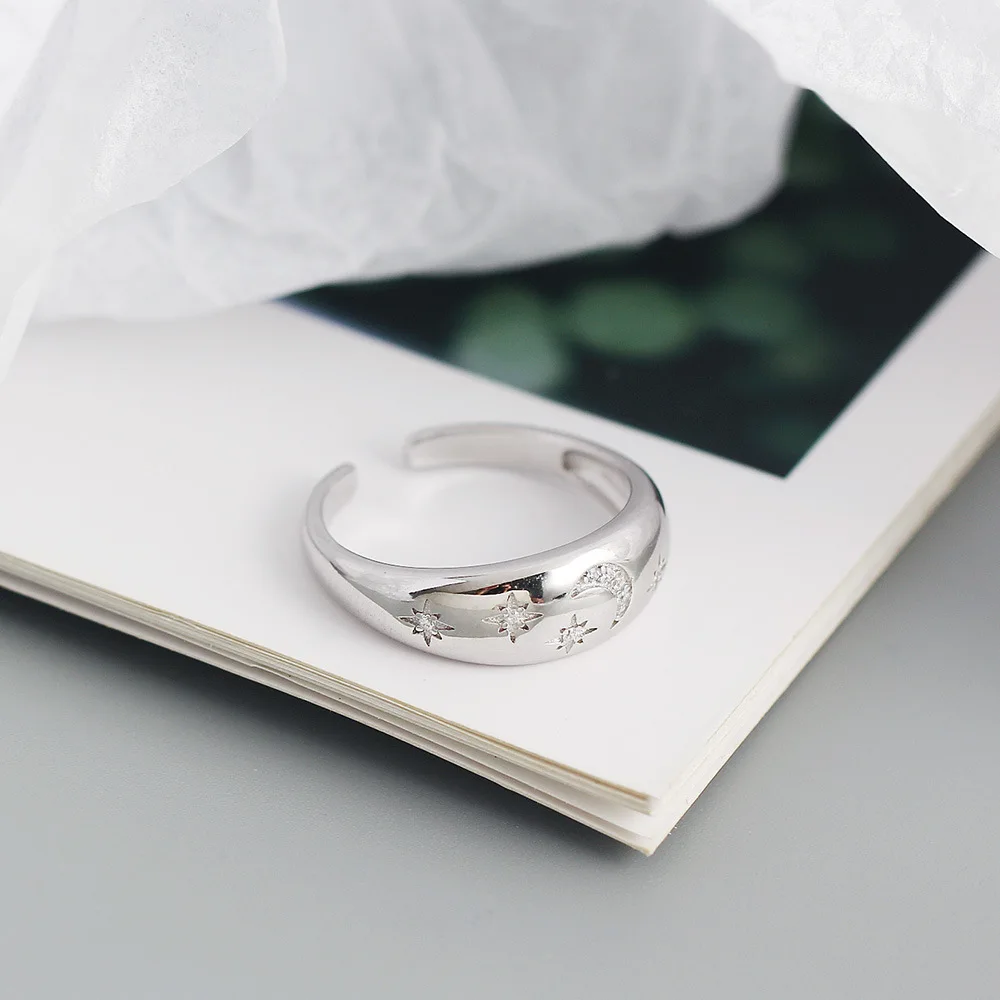 Women's Retro Light Luxury S925 Silver Ins Ring with Geometric Star Moon Diamond Niche Opening Lab Diamond Ring