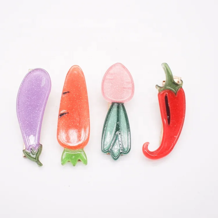 Cute vegetables shape hairpin glitter acrylic kids hair clips with custom logo