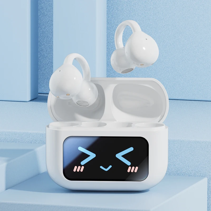 Transparent butterfly TWS earbuds worn on outer ear with visible wing-shaped housing and LED indicator