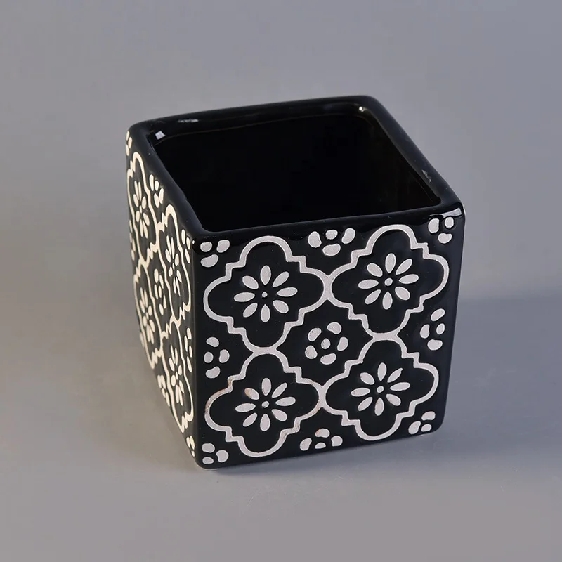 Home Decorative Square Black Ceramic Candle Vessel Empty