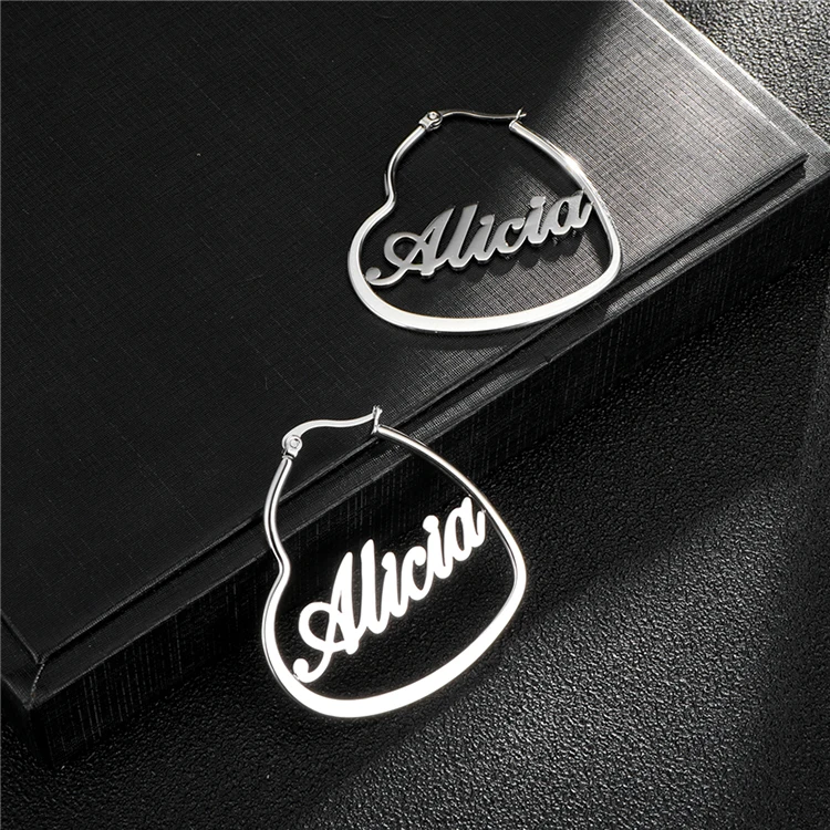 Stainless Steel Jewelry Personalized Heart Hoop Earring Custom Silver Name plate Earrings For best friend gift