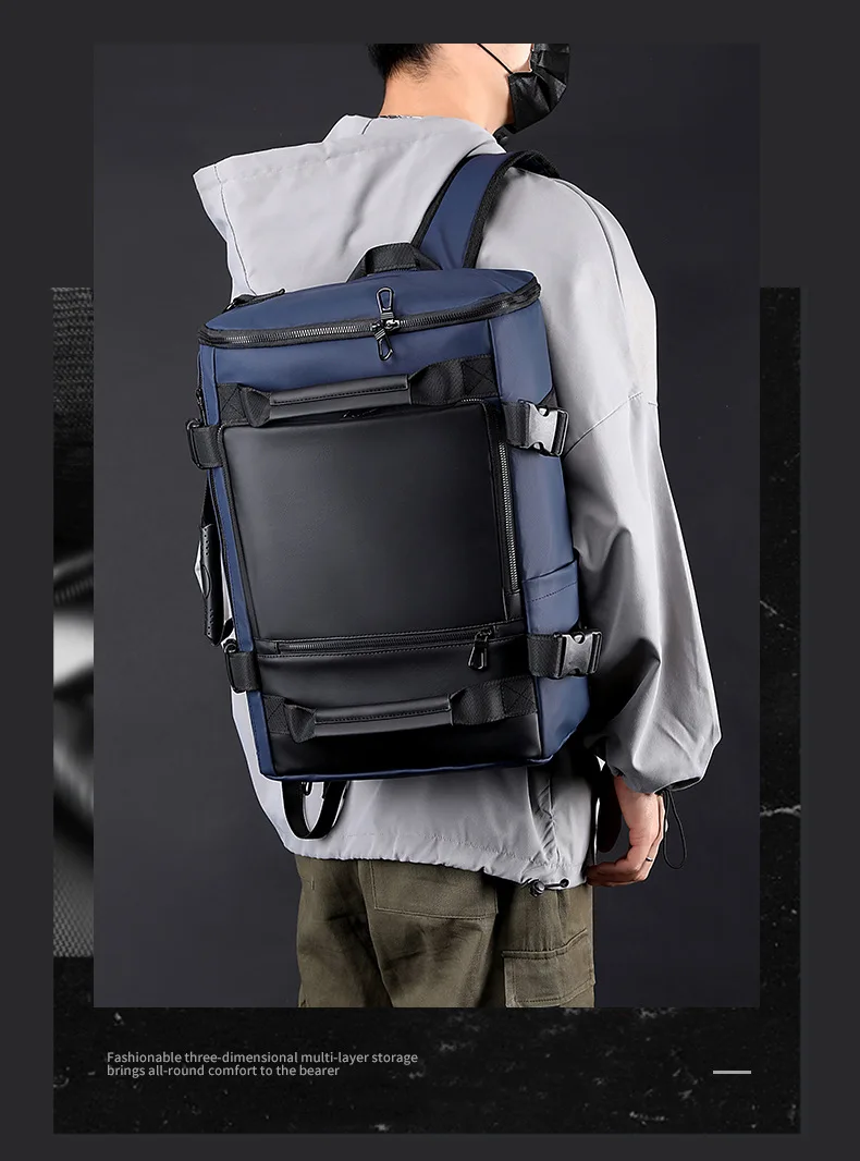 Men's Large Capacity Waterproof GPS Backpack Multifunctional PU Laptop Bag Zipper Handheld Business Travel Crossbody Polyester