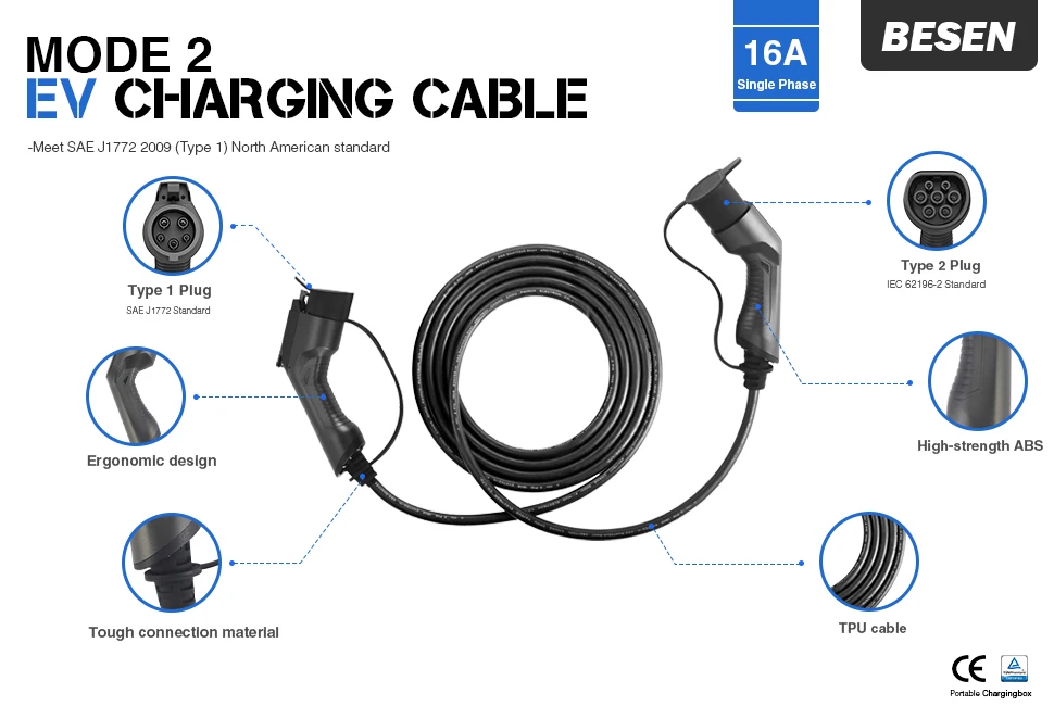 Electric Car Charger Cable Ev Charging Cable For Home Sae J1772 Type 2