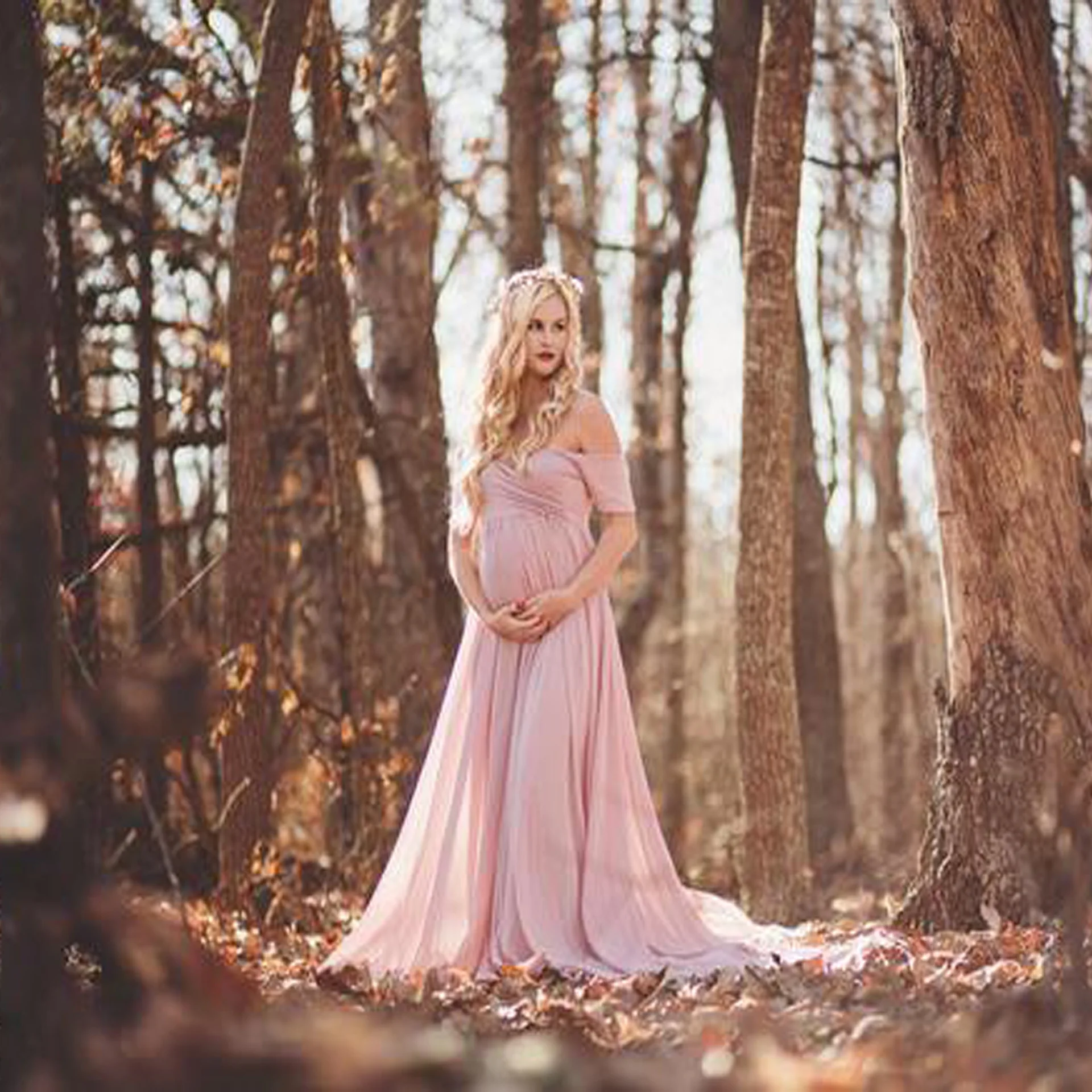 Women Pregnant Dress Props Ruffles Off Shoulder Maternity Gown photo shoot
