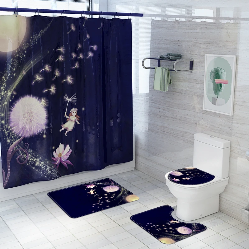 dandelion Anti Slip Bathroom Rug 4 Piece Set Custom print Shower curtain