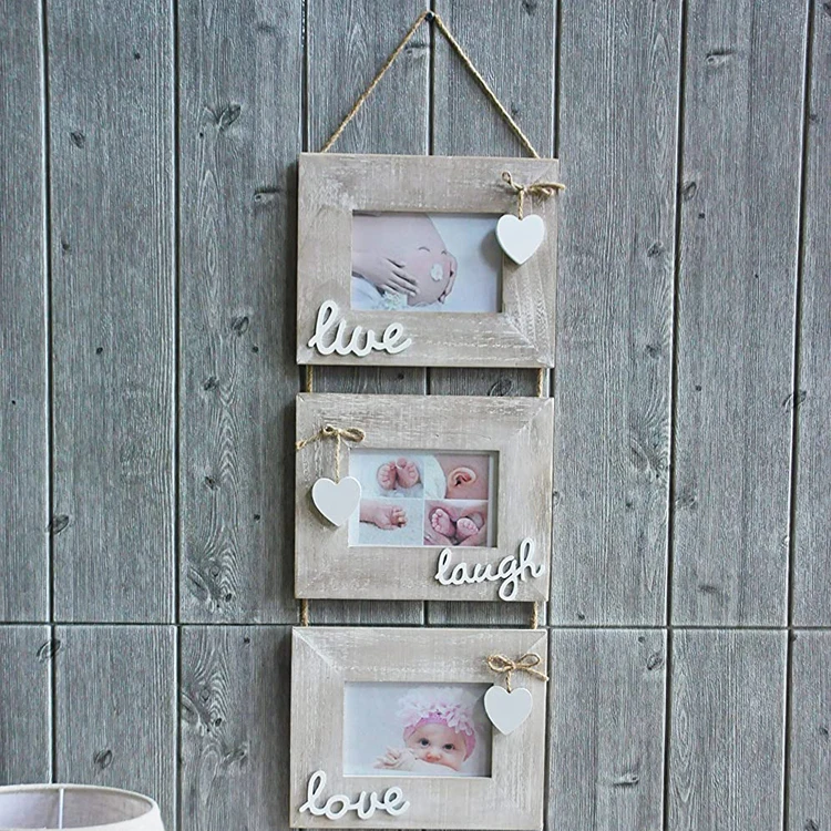 Rustic Grey Solid Wood 4x6" Laugh Love Collage Hanging Picture Frame