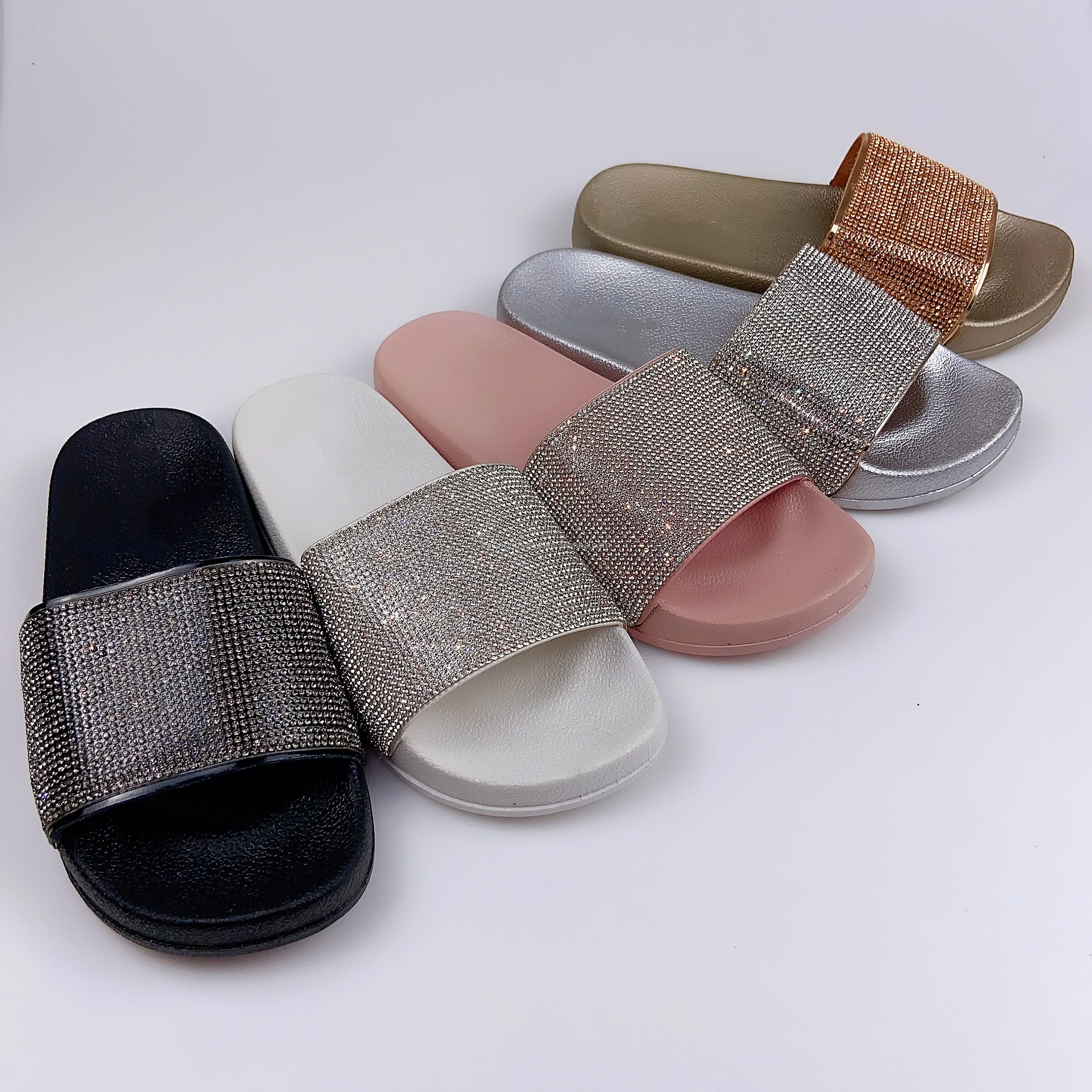 时尚女装拖鞋沙滩钻石平底拖鞋幻灯片女士七彩水钻凉鞋女水晶鞋