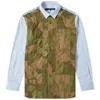 high quality button fly patchwork construction curved hem box pleat shirt for men