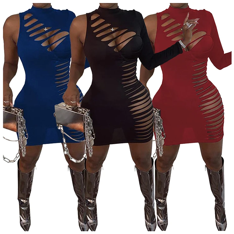 New Style Burnt Out Holes One Sleeve Solid Night Club Sexy Short Mini Ladies Bandage Dresses Woman Casual Dress