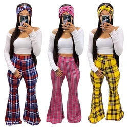 Women Clothing High Waist Cotton Knitted Stripe Plaid Flare Pants And Women Top Scarf Three Piece Set