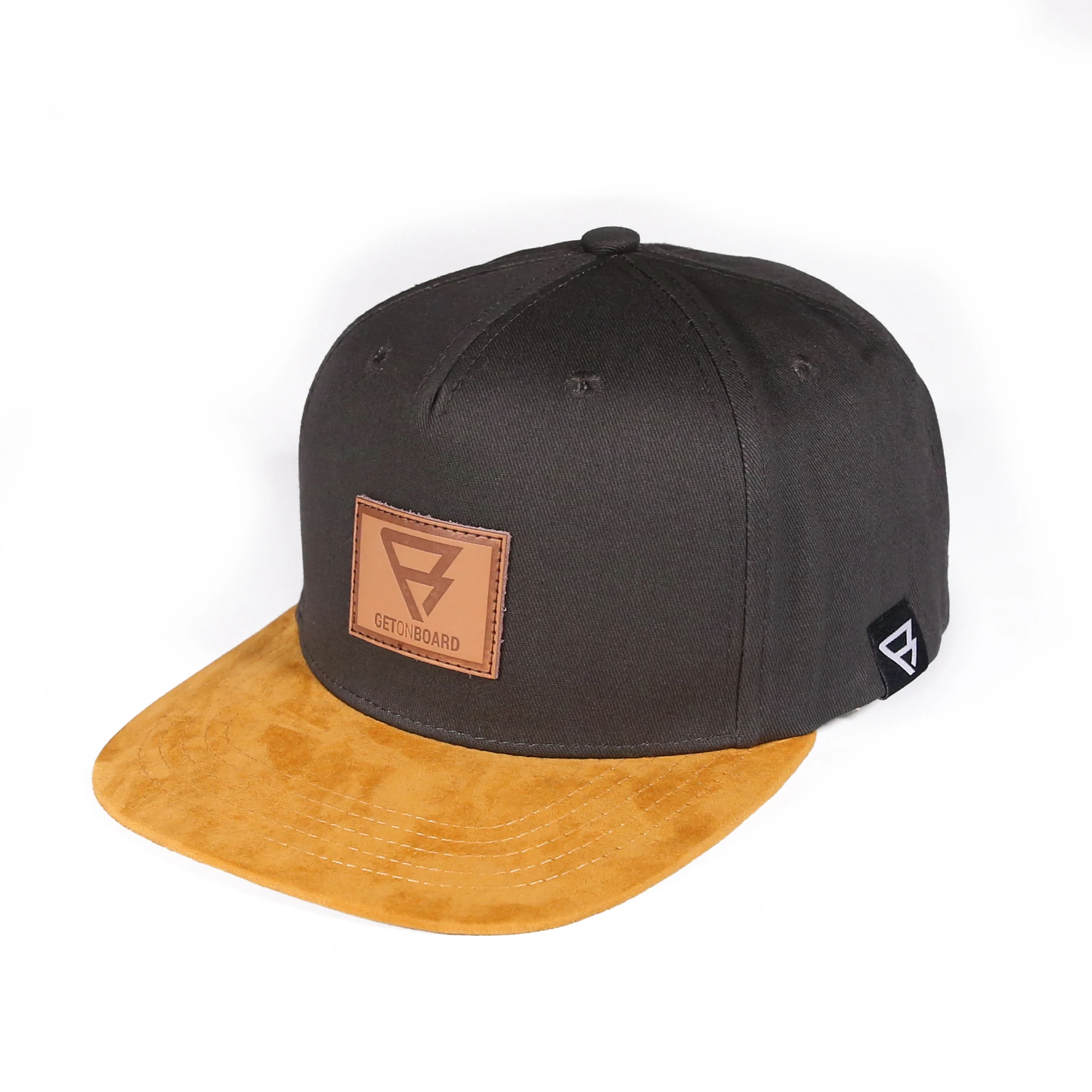 Customized Cheap Design Leather Patch Logo 5  Panel Suede Flat Brim Baseball Caps Wholesale