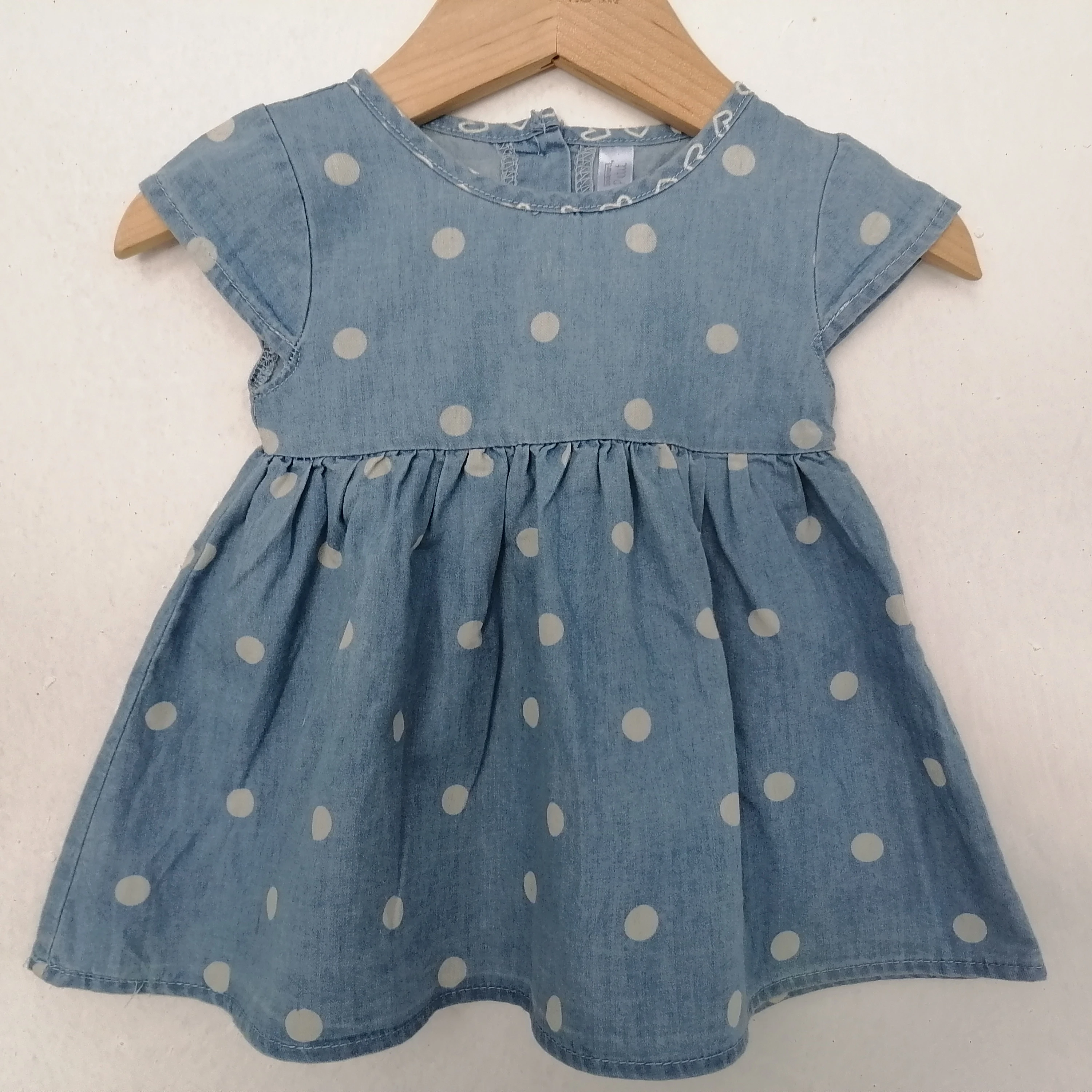 
Baby Denim Dots Printed Enzyme Washed Short Sleeve Pleated Waist A-line Dress 