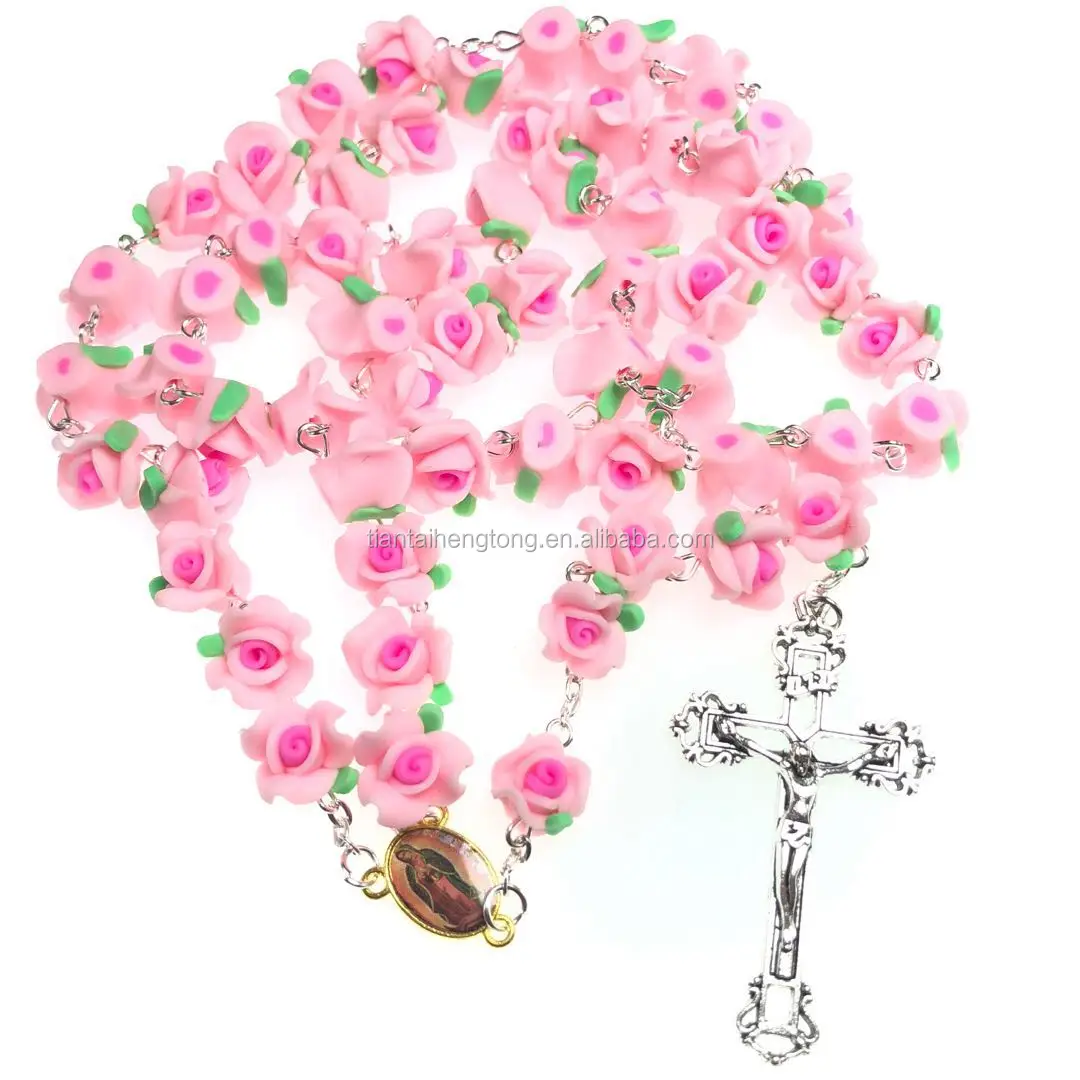 Pink Soft Clay Rose Beads Rosary Soft Clay Rosary Necklace With Jesus ...