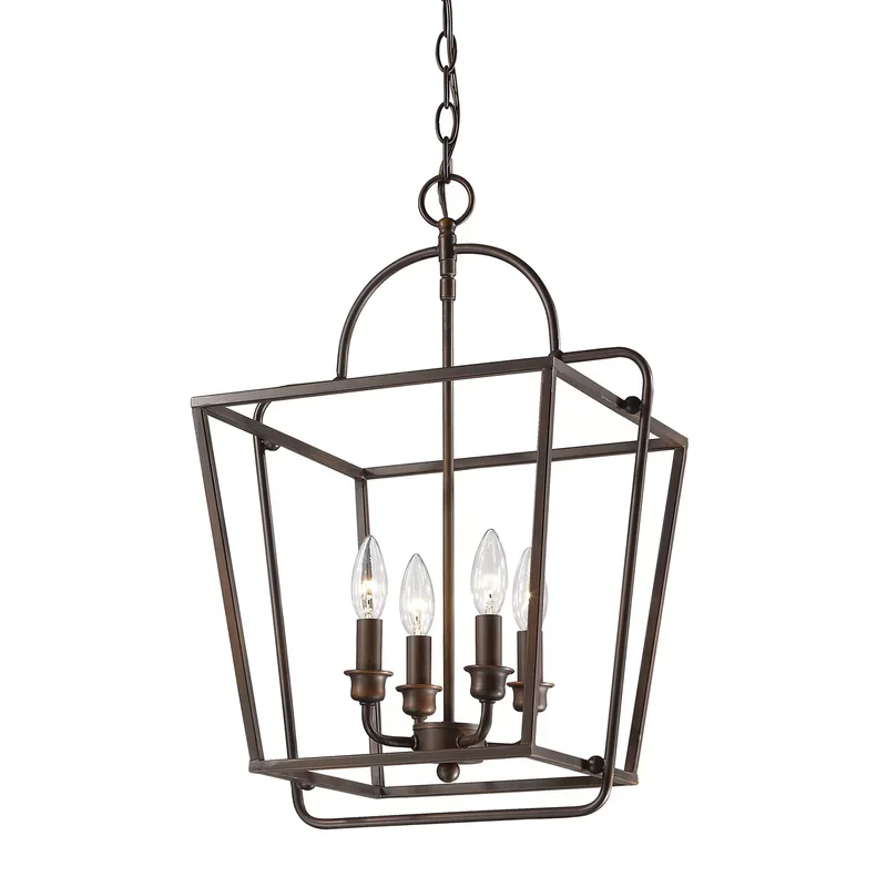 Farmhouse 4-Light Lantern Geometric Chandelier Candle Style Industrial Square Pendant Light For Dining Room Living Room Kitchen