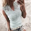 HY New Summer Women Clothes Lace Hollow Slim Casual Blouses Lady Sleeveless V-neck Sexy Shirt Tops White Light Blue