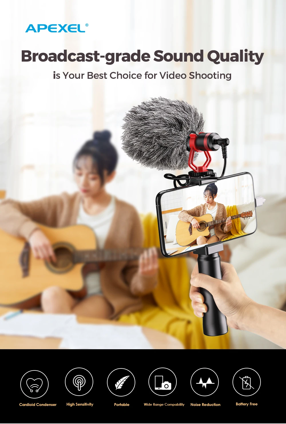 Apexel New Arrival External Video Microphone for Camera with Rycote Lyre Shock Mount Pocket Vlogging Mic