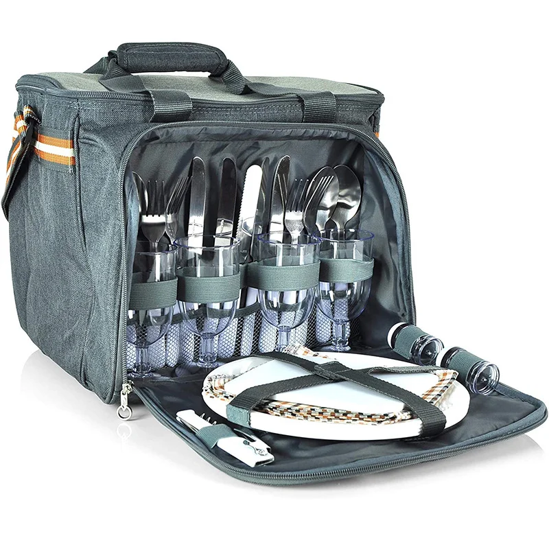 Custom Outdoor Cooler Picnic Backpack Bag Set For 4 Persons Pack Food