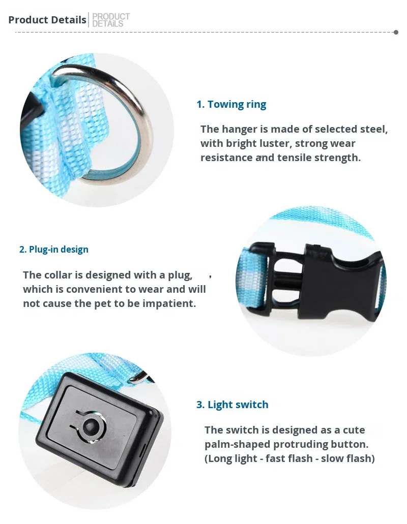 Electronic Pet LED Dog Collar Adjustable Flash Recharge Reflective Rivet Solid Nylon Buckle Closure All Seasons Night Anti-Lost