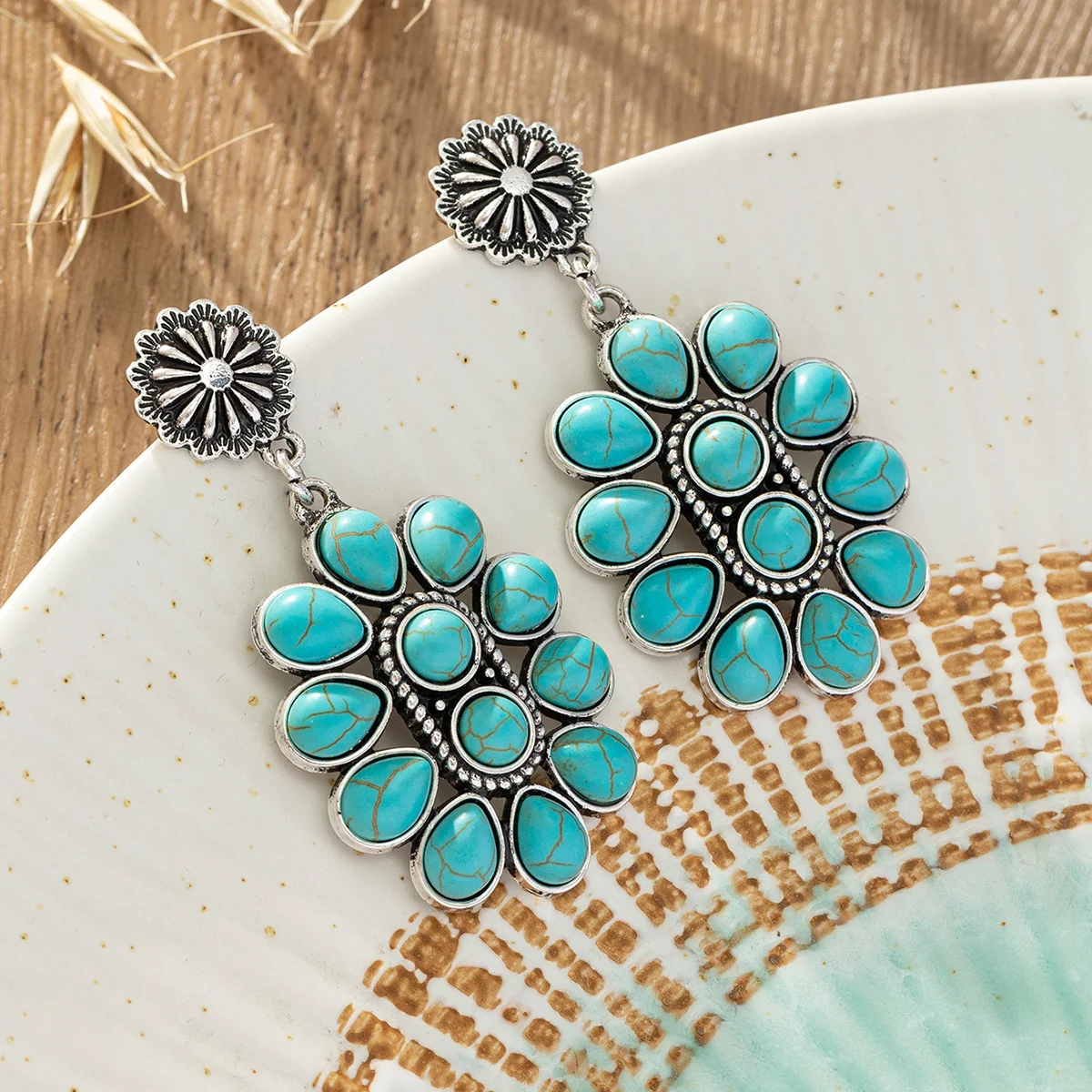 Personalized earrings Turquoise earrings Turquoise inlay flower earrings Inlay jewelry newest Gold plated flower earrings