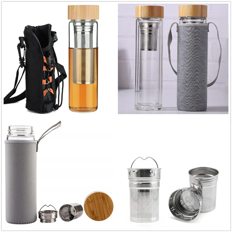 20oz Travel Tumbler BPA-Free Best Fruit and Tea Infuser Double Mesh Filter Borosilicate Glass Water Bottle with Neoprene Sleeve 