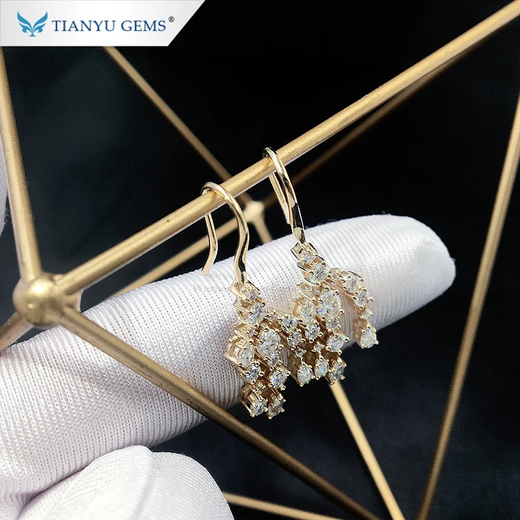 Tianyu 14k/18k yellow gold earring colorless moissanite drop earring for ladies
