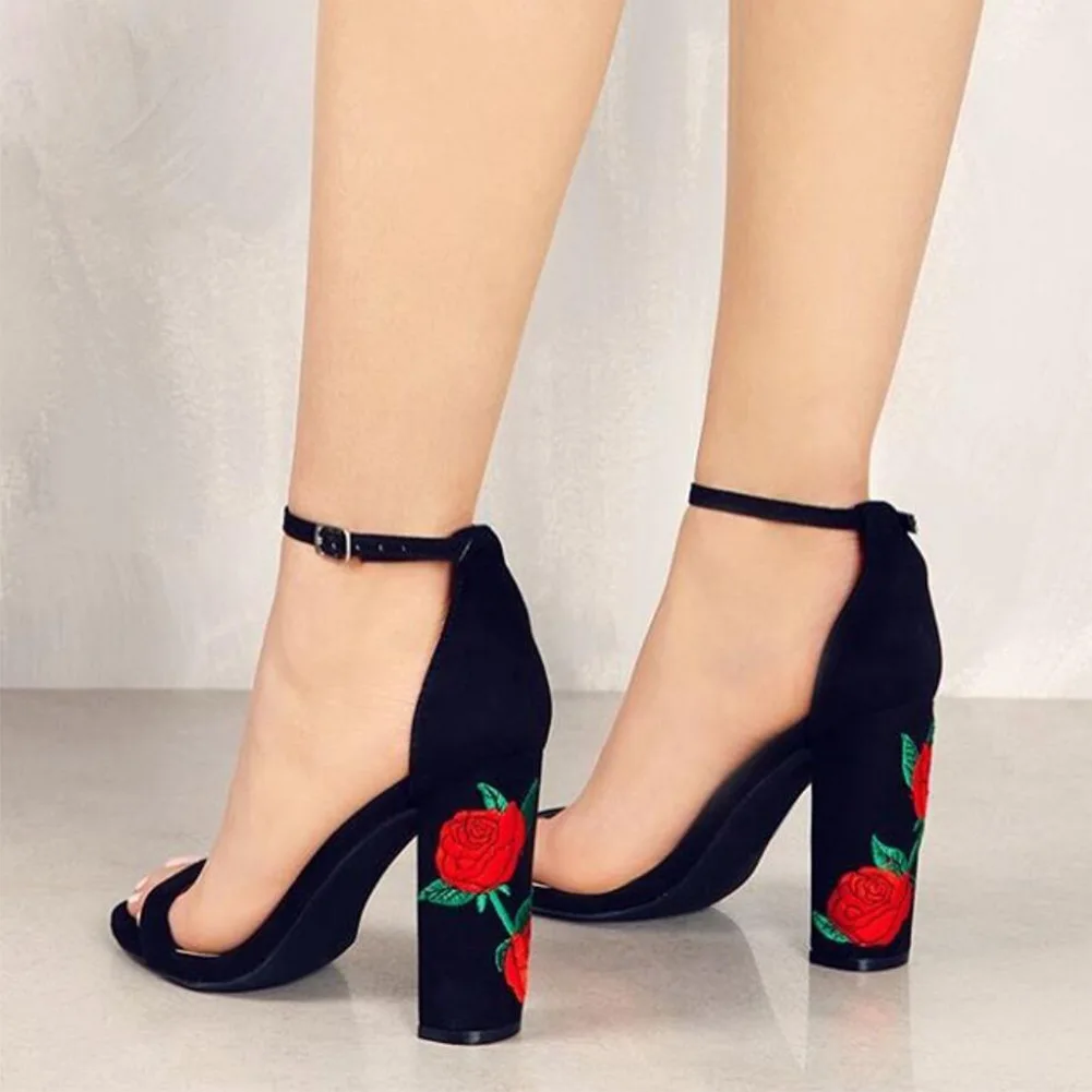 F20605A 2019 Wholesale summer fashion suede rose embroidery women high heel shoes sandal for ladies