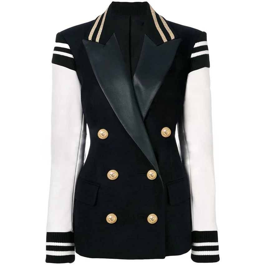 
Custom design screw cuff PU patchwork long sleeve blazer for women 