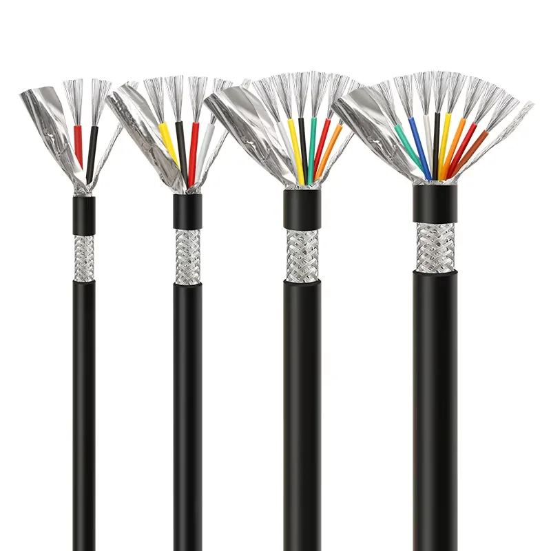 Close-up of 2 core shielded twisted pair cable showing twisted conductors, foil wrap, braid layer, and drain wire