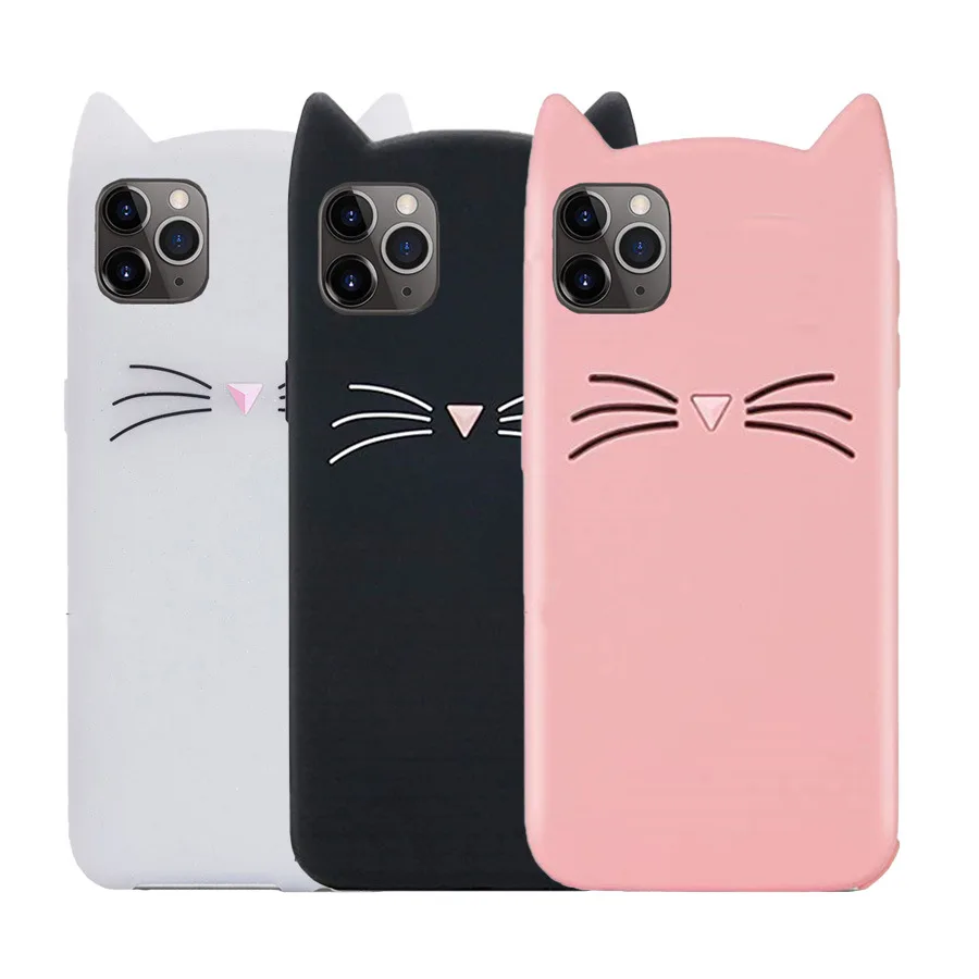 3D Cartoon Cat Silicone Phone Case for iPhone 14, 15, 16 Pro Max  Cute  Shockproof Cover with Cat Ears, Available in Black & Pink