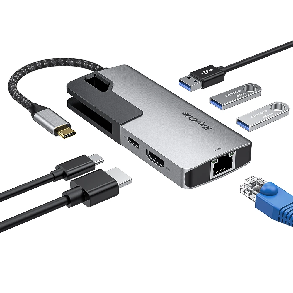 
Raycue OEM/ODM 6 in 1 USB Type C Hub with PD Charging 4K HD-Ml RJ45 Adapter 