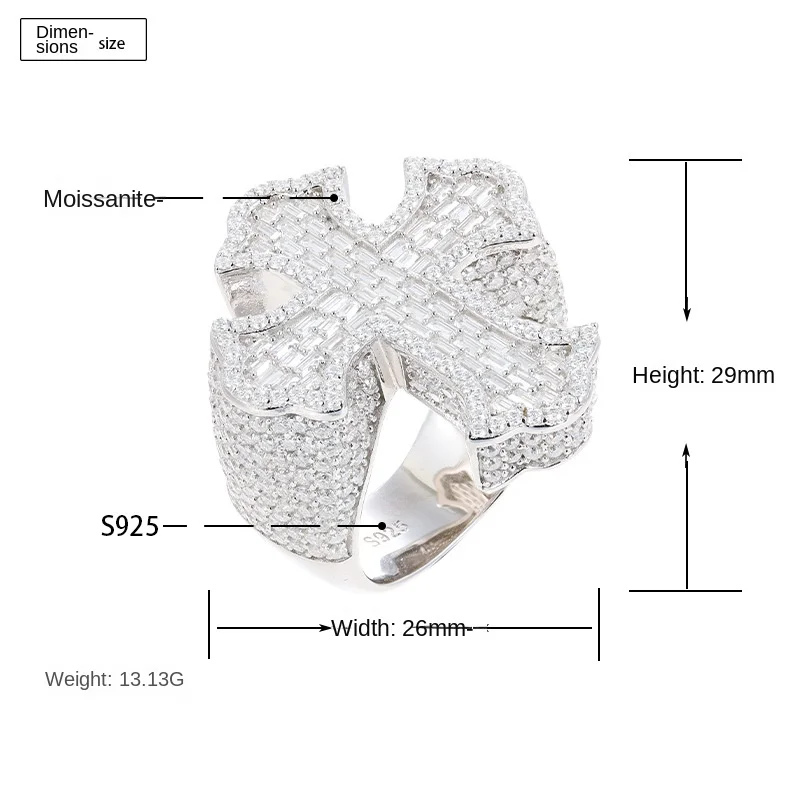 S925 Silver Moissanite Cross-Shape Ring for Men Super Flash T Square Diamond Cross-Border Hip Hop Style Ready to Wear